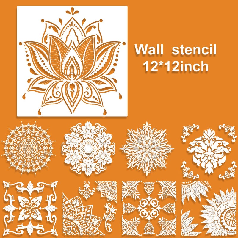 Juome 9 Pack (12x12 Inch) Large Reusable Stencil Mandala Stencil Laser Cut Painting Template for Floor Wall Tile Fabric Furniture Stencils Painting - Image 2